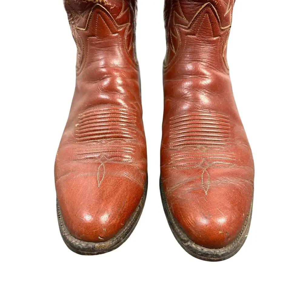 Tony Lama Cowboy Boot Cognac Distressed Leather USA Western Heritage Vintage 9.5